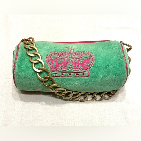 Juicy Couture Handbags - ICONIC JUICY Couture Y2K Vintage Hot Pink Green Princess Crown Heart Barrel Bag